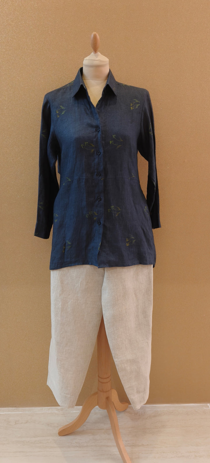 Blue Printed Petals Back Knot, Pure Linen Set| Essence By Monika