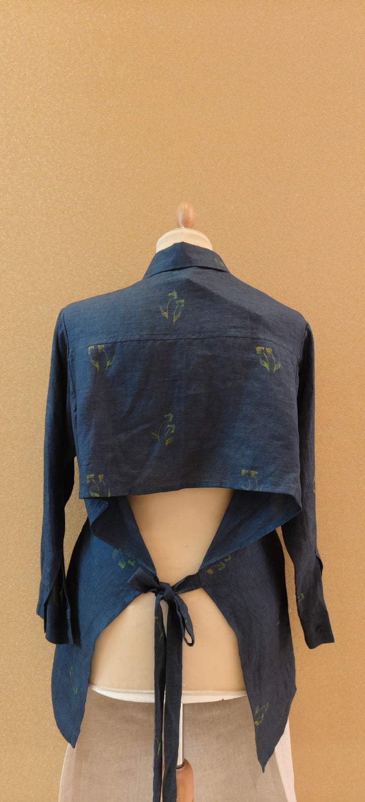 Blue Printed Petals Back Knot, Pure Linen Set| Essence By Monika