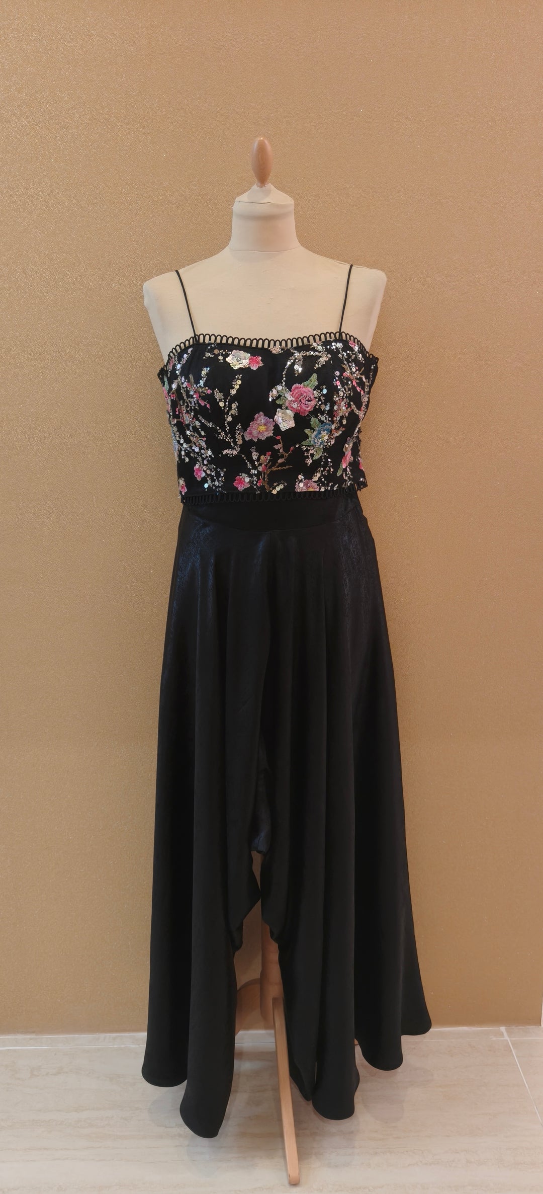 Black Floral Sequence Sleeveless Jacket with in a Tube and Black Crotch| Private Collections