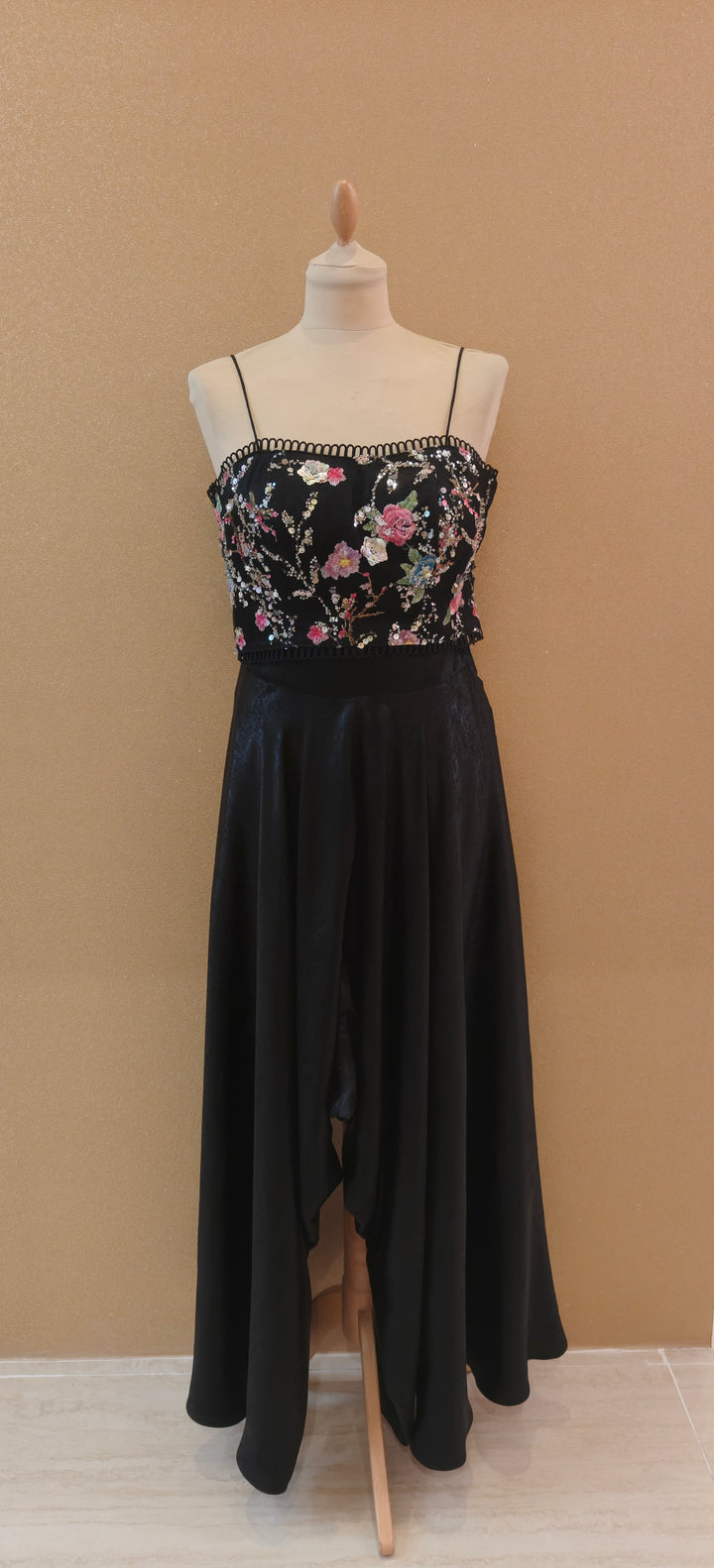 Black Floral Sequence Sleeveless Jacket with in a Tube and Black Crotch| Private Collections