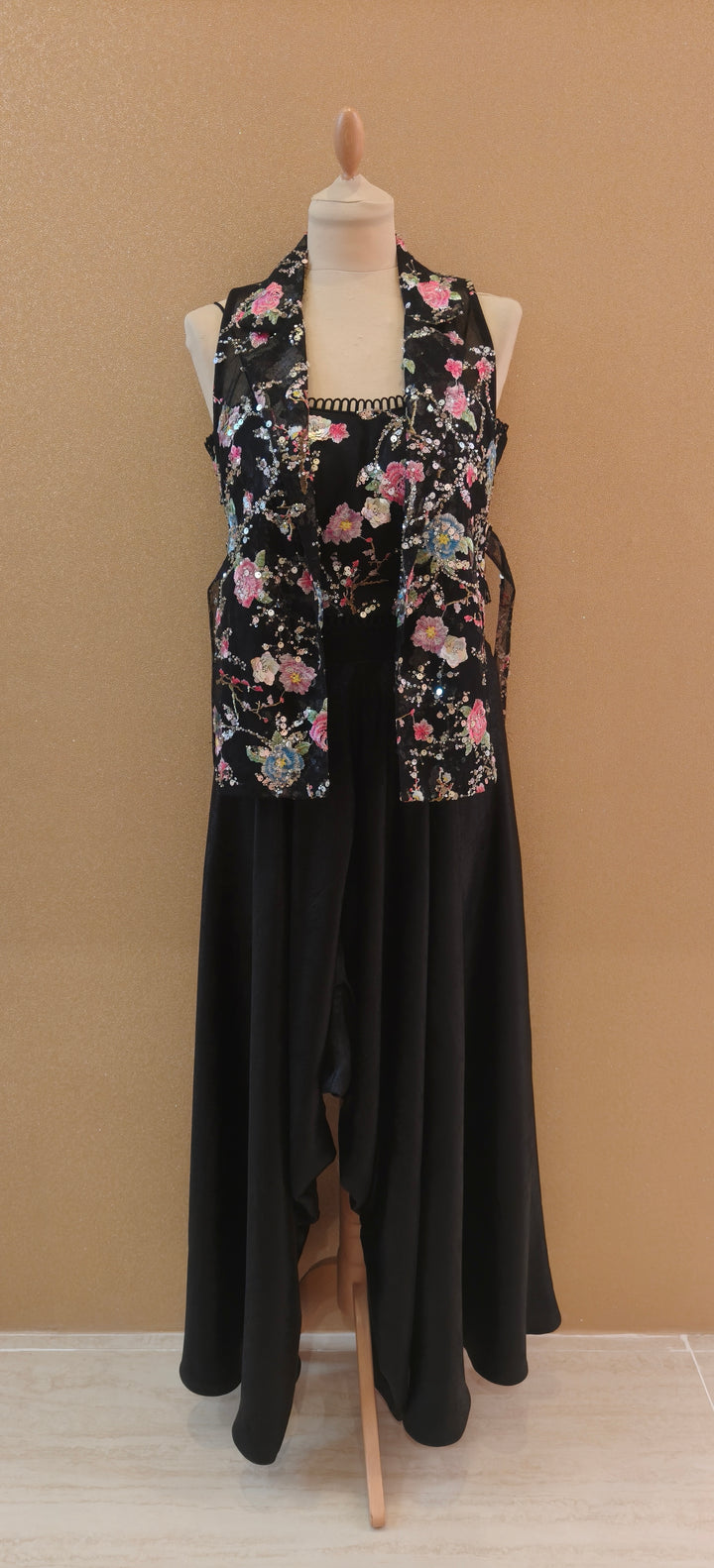 Black Floral Sequence Sleeveless Jacket with in a Tube and Black Crotch| Private Collections