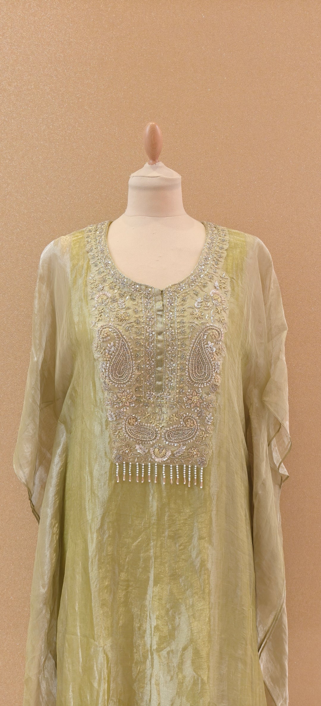 Pista Stillness Embellished Kaftan Set| Basanti Kapde Aur Koffee