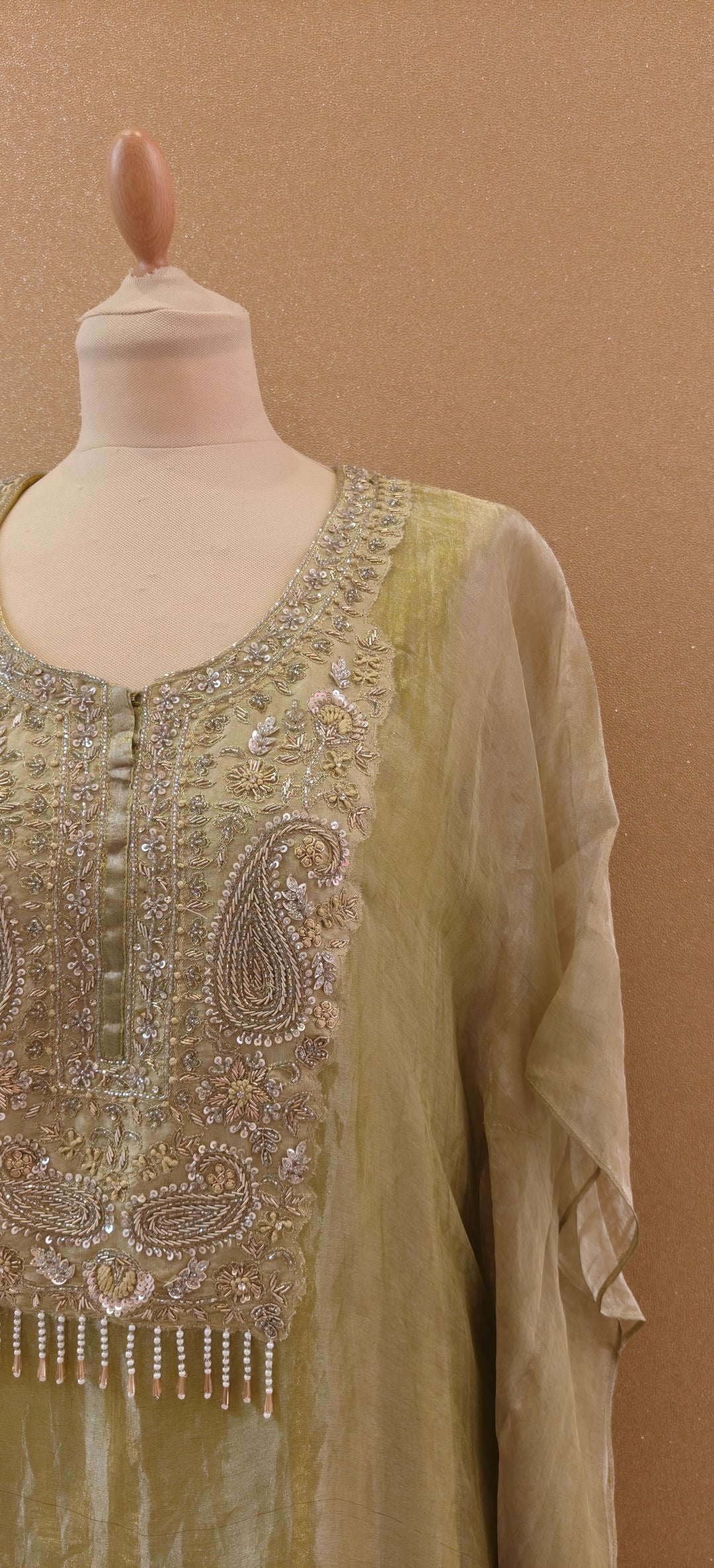 Pista Stillness Embellished Kaftan Set| Basanti Kapde Aur Koffee