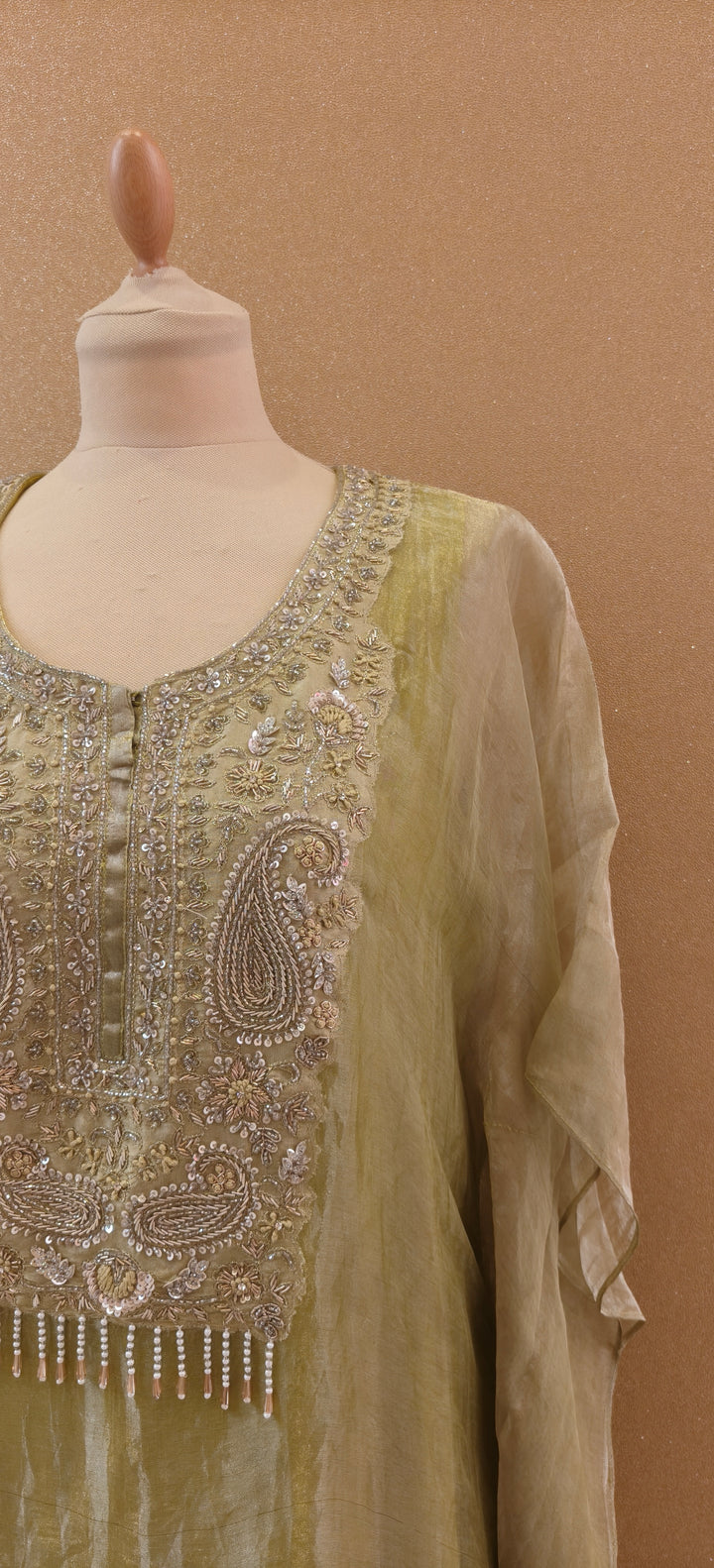 Pista Stillness Embellished Kaftan Set| Basanti Kapde Aur Koffee