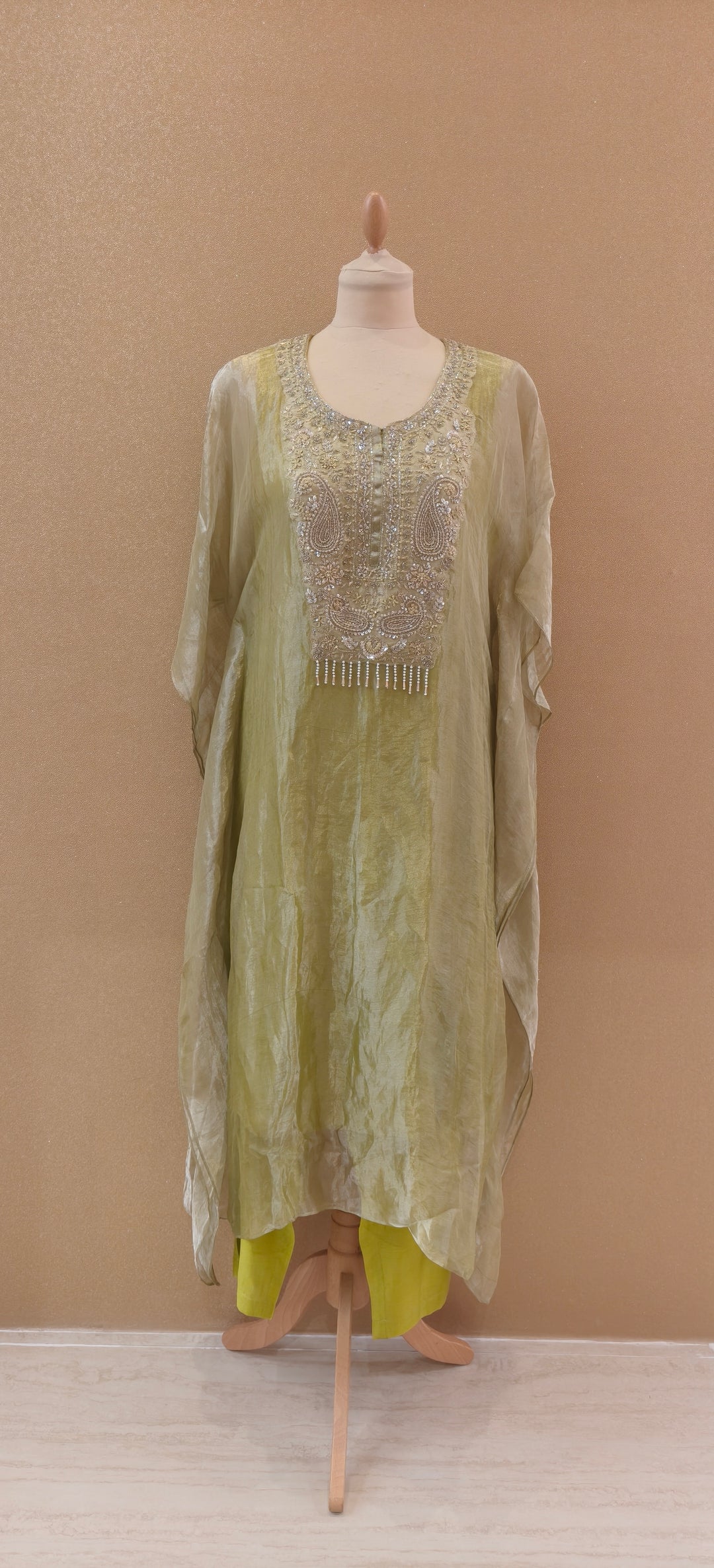 Pista Stillness Embellished Kaftan Set| Basanti Kapde Aur Koffee