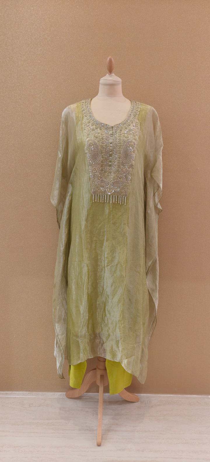 Pista Stillness Embellished Kaftan Set| Basanti Kapde Aur Koffee