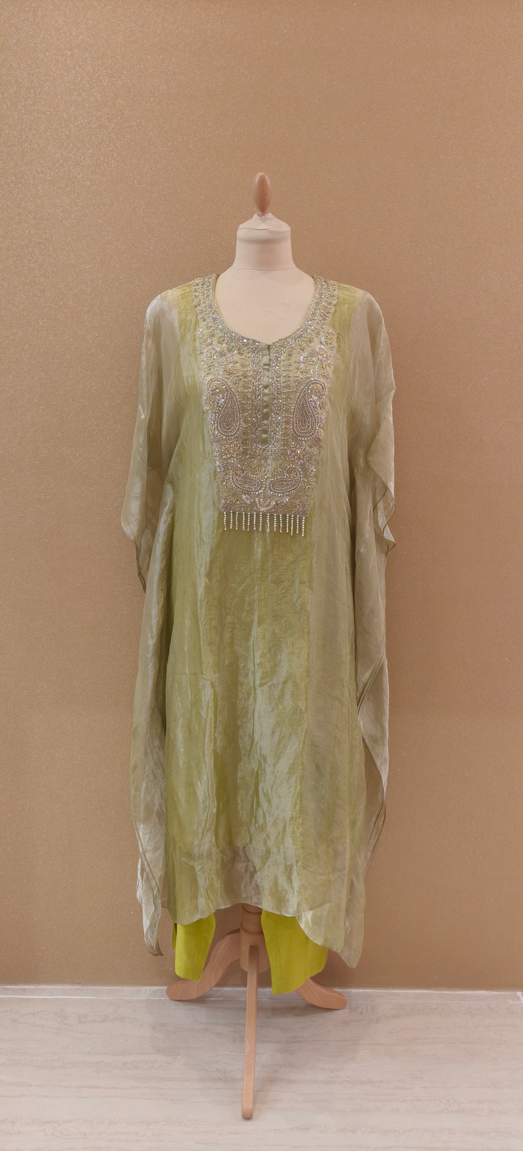 Pista Stillness Embellished Kaftan Set| Basanti Kapde Aur Koffee
