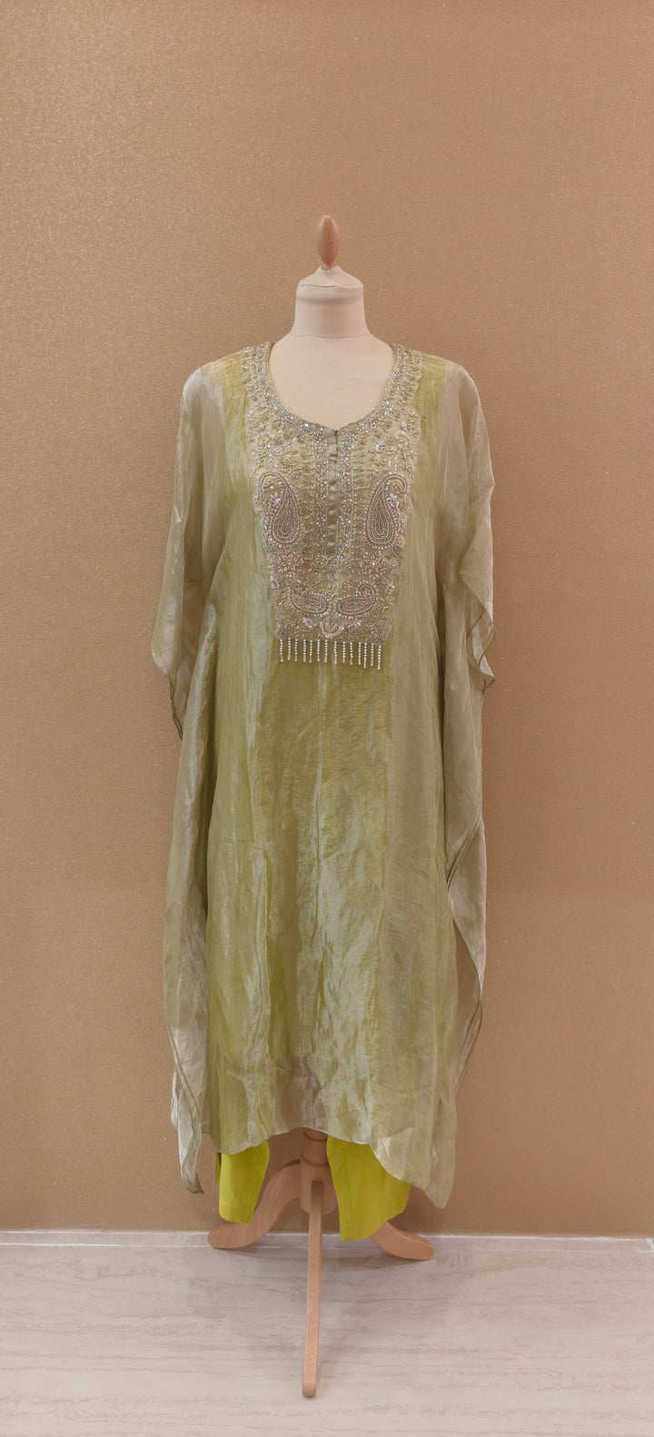 Pista Stillness Embellished Kaftan Set| Basanti Kapde Aur Koffee