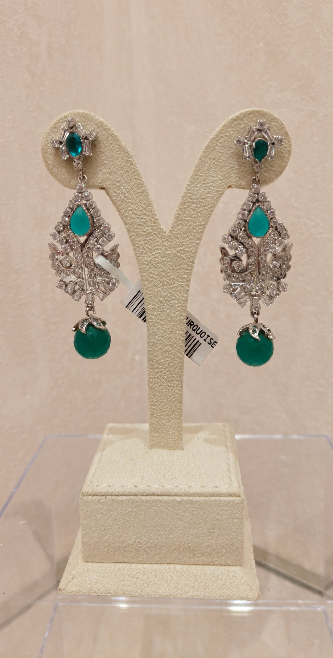 Crystal & Green Stone Drop Earrings|Inaayat By Divya Taimni