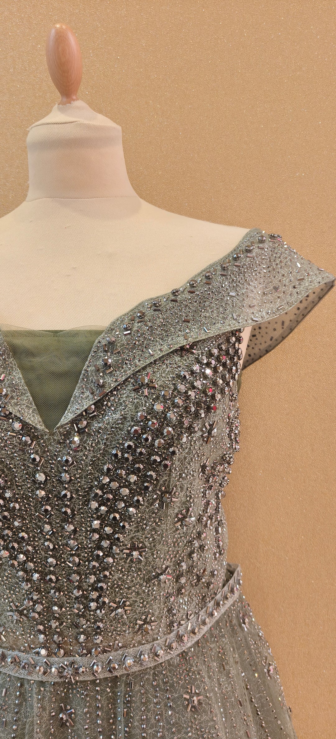 Olive Glitz Off-Shoulder Evening Gown | Inaayat by Divya Taimni