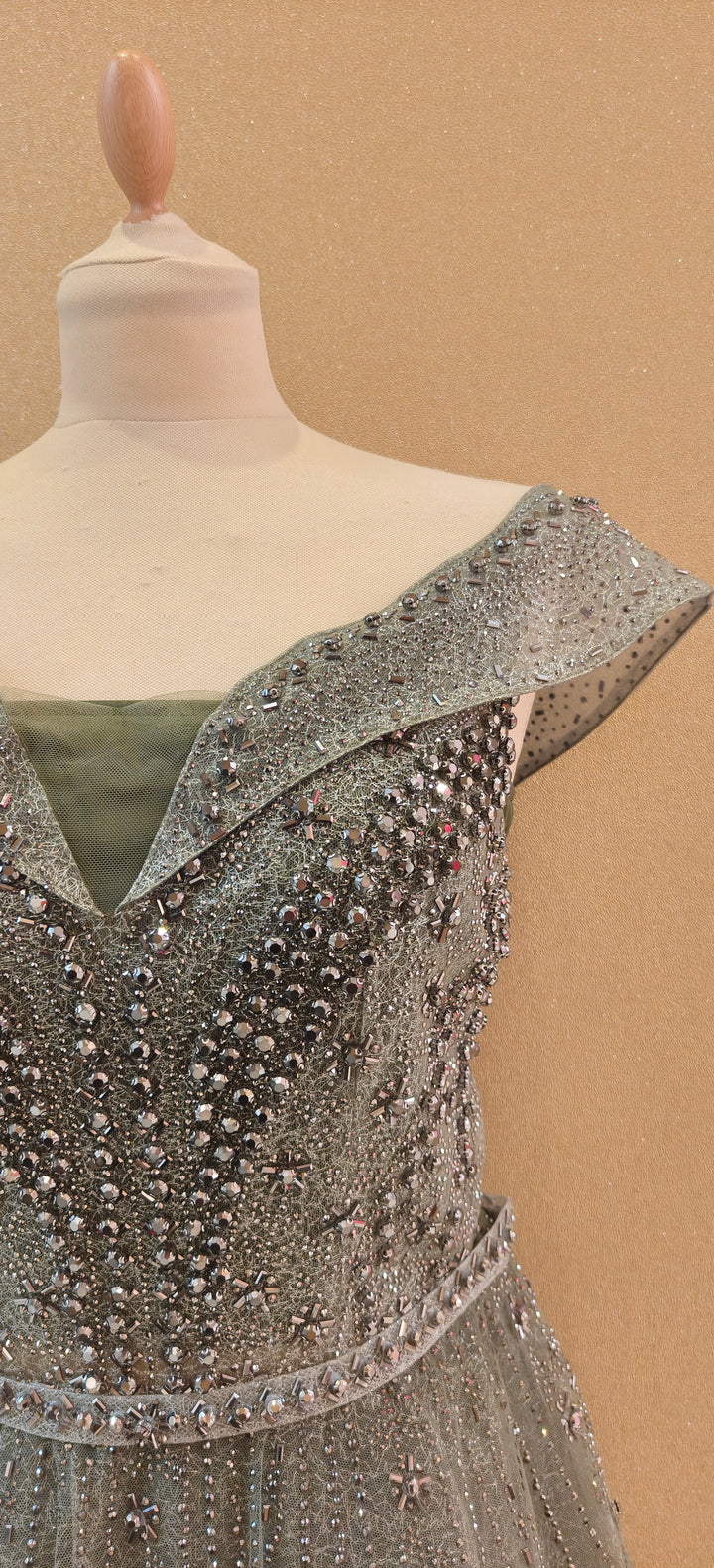 Olive Glitz Off-Shoulder Evening Gown | Inaayat by Divya Taimni