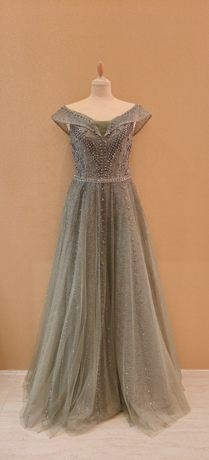 Olive Glitz Off-Shoulder Evening Gown | Inaayat by Divya Taimni