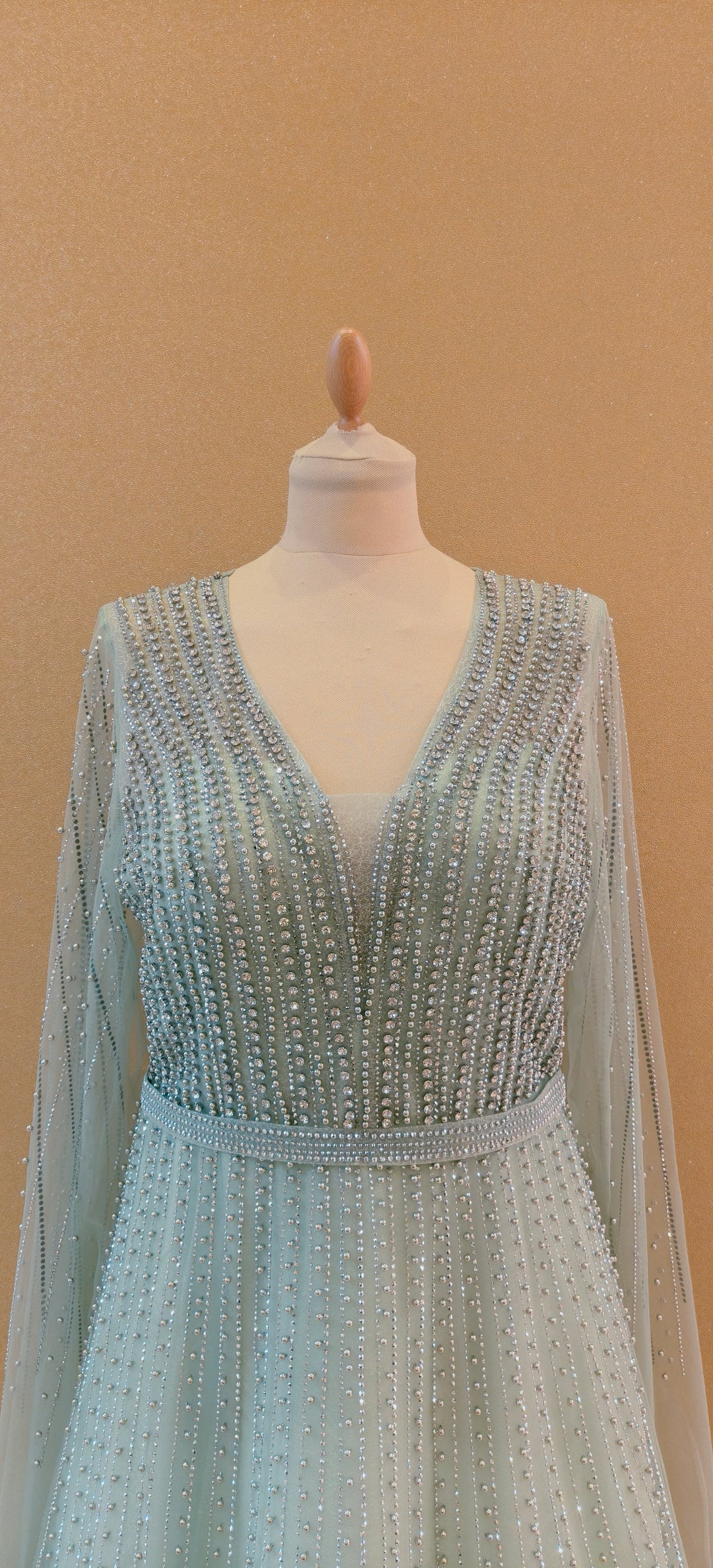 Pastel Mint Glitz Cape-Sleeve Evening Gown | Inaayat by Divya Taimni