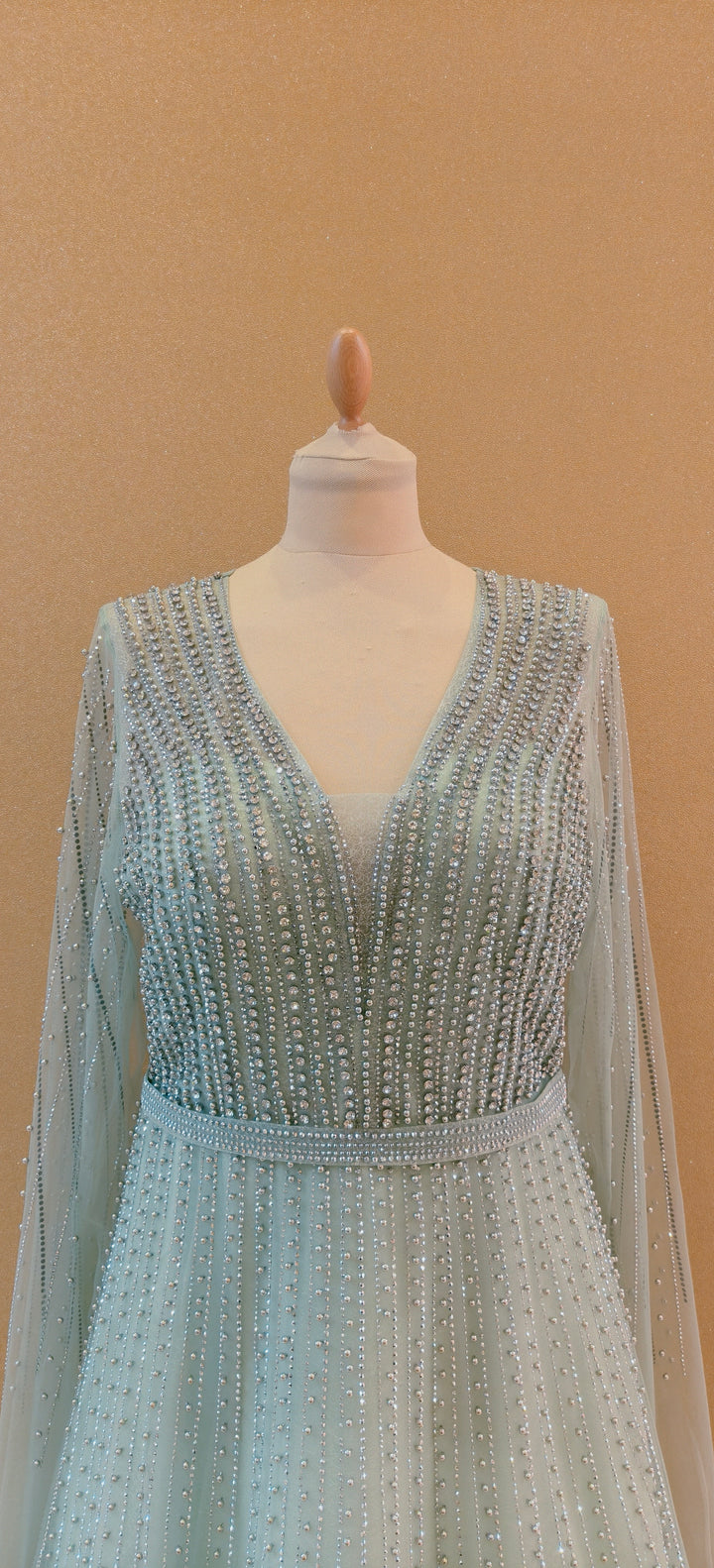 Pastel Mint Glitz Cape-Sleeve Evening Gown | Inaayat by Divya Taimni