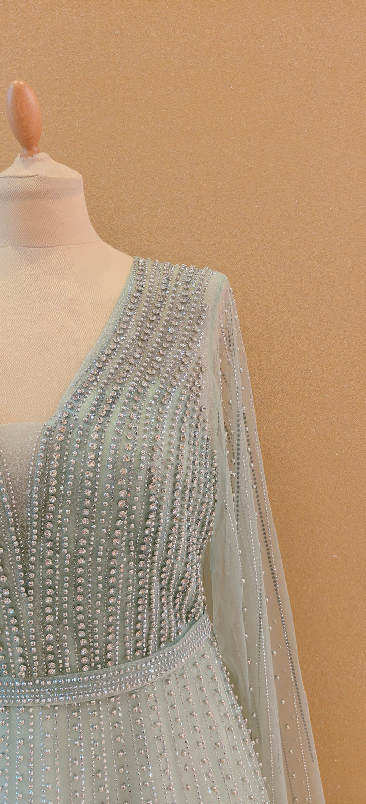 Pastel Mint Glitz Cape-Sleeve Evening Gown | Inaayat by Divya Taimni