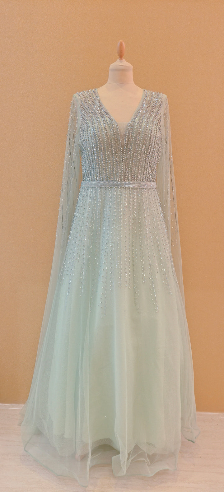 Pastel Mint Glitz Cape-Sleeve Evening Gown | Inaayat by Divya Taimni