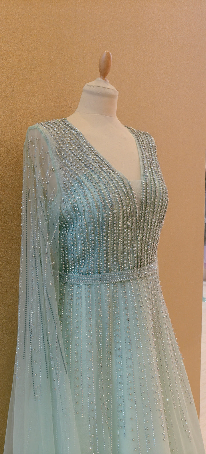 Pastel Mint Glitz Cape-Sleeve Evening Gown | Inaayat by Divya Taimni