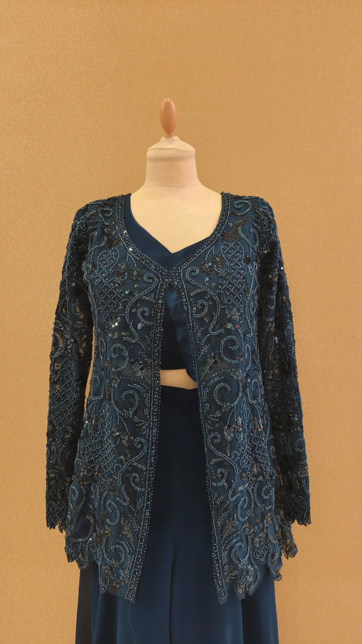 Deep Teal Embellished Jacket Sharara Set with Dupatta | Maya Chabra