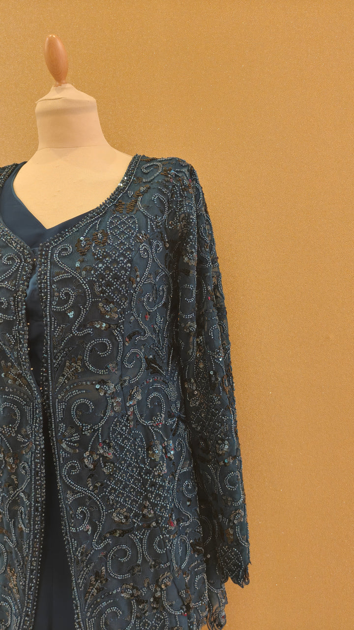 Deep Teal Embellished Jacket Sharara Set with Dupatta | Maya Chabra