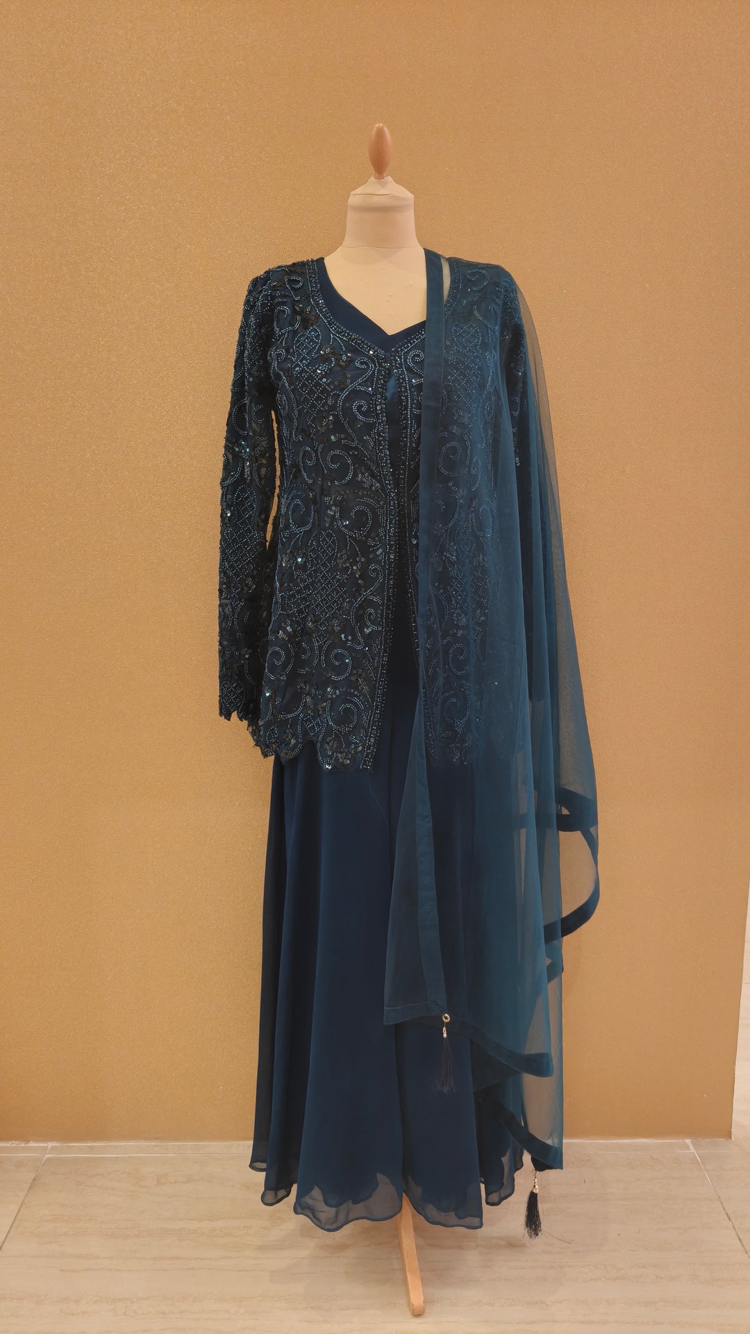 Deep Teal Embellished Jacket Sharara Set with Dupatta | Maya Chabra