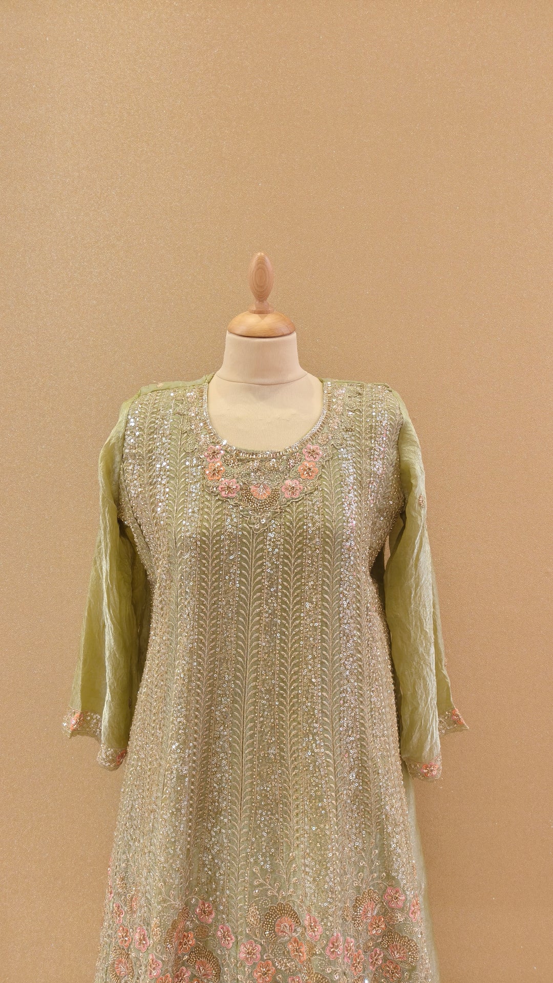 Glistening Light Olive & Peach Hand-Embroidered Kurta|Maya Chabra
