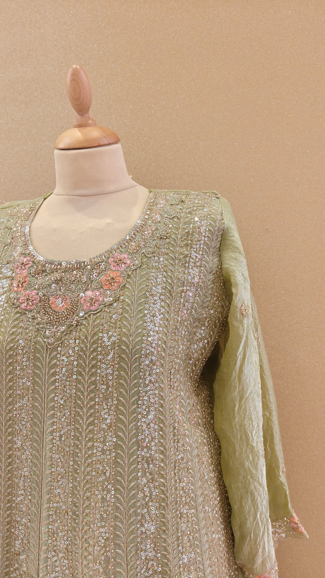 Glistening Light Olive & Peach Hand-Embroidered Kurta|Maya Chabra