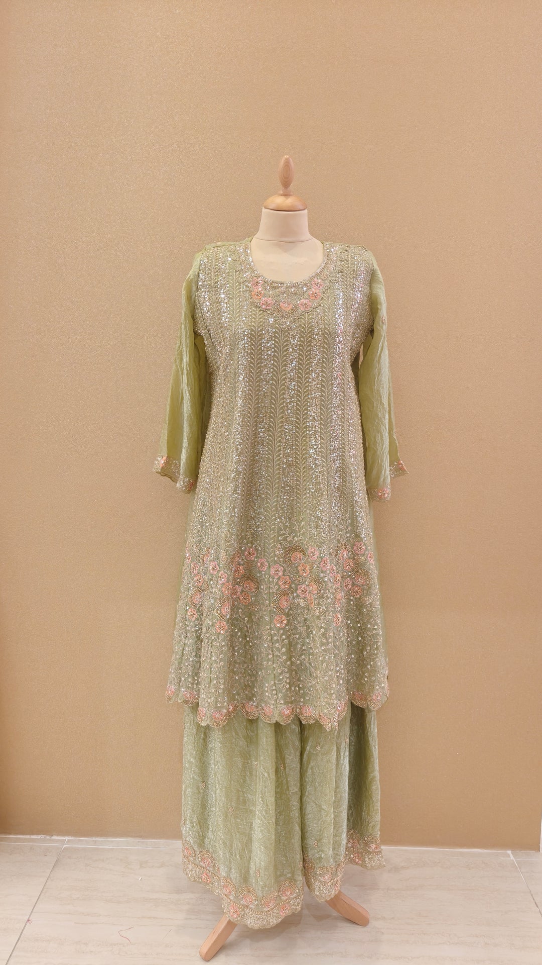 Glistening Light Olive & Peach Hand-Embroidered Kurta|Maya Chabra