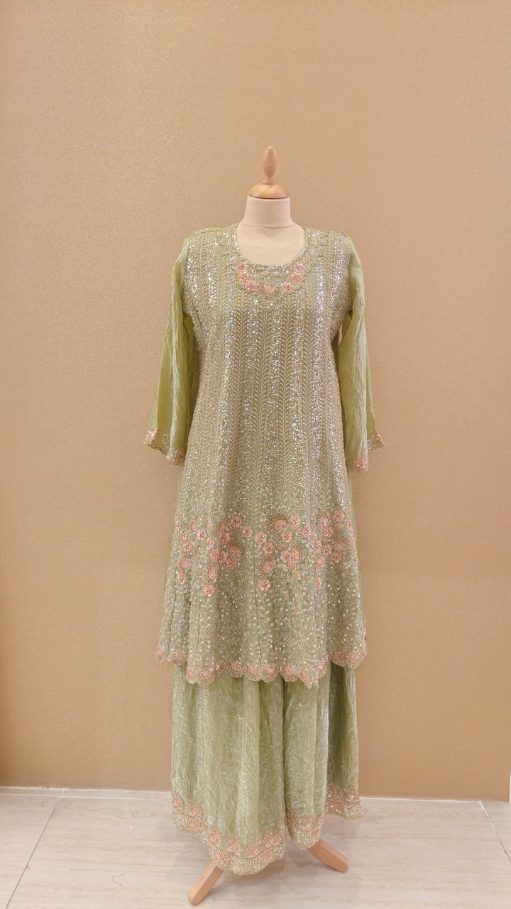 Glistening Light Olive & Peach Hand-Embroidered Kurta|Maya Chabra