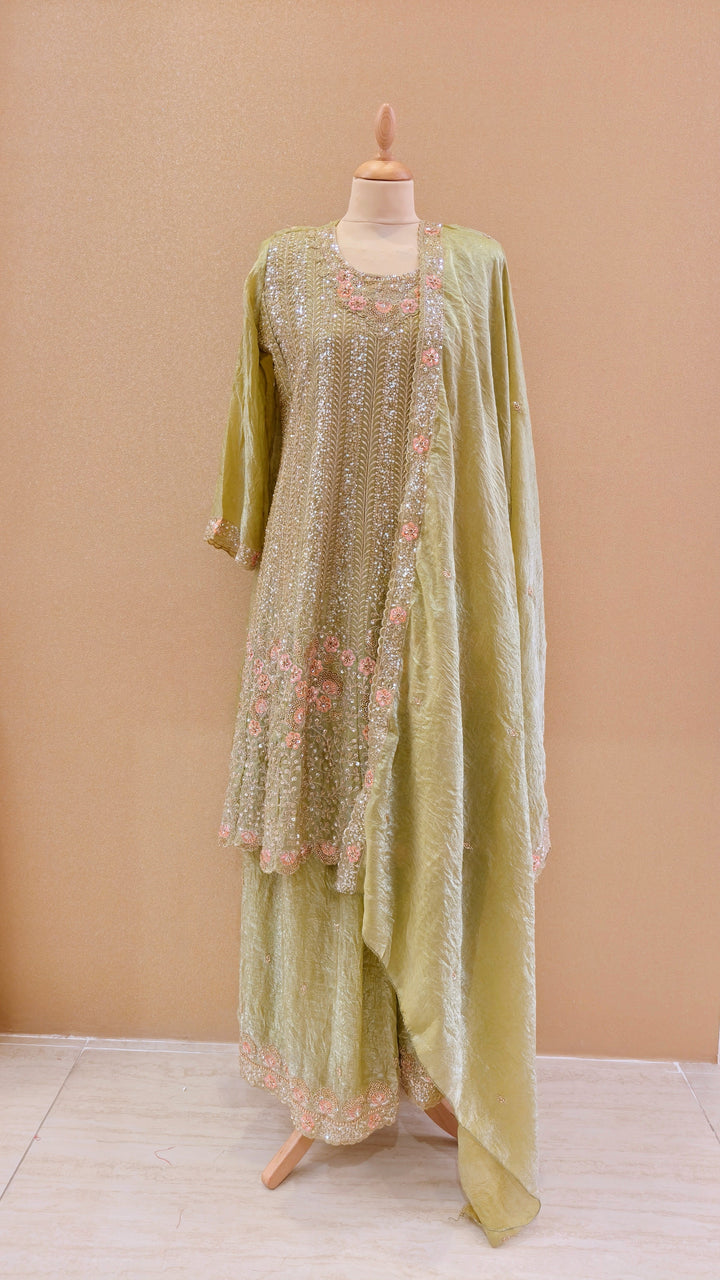 Glistening Light Olive & Peach Hand-Embroidered Kurta|Maya Chabra