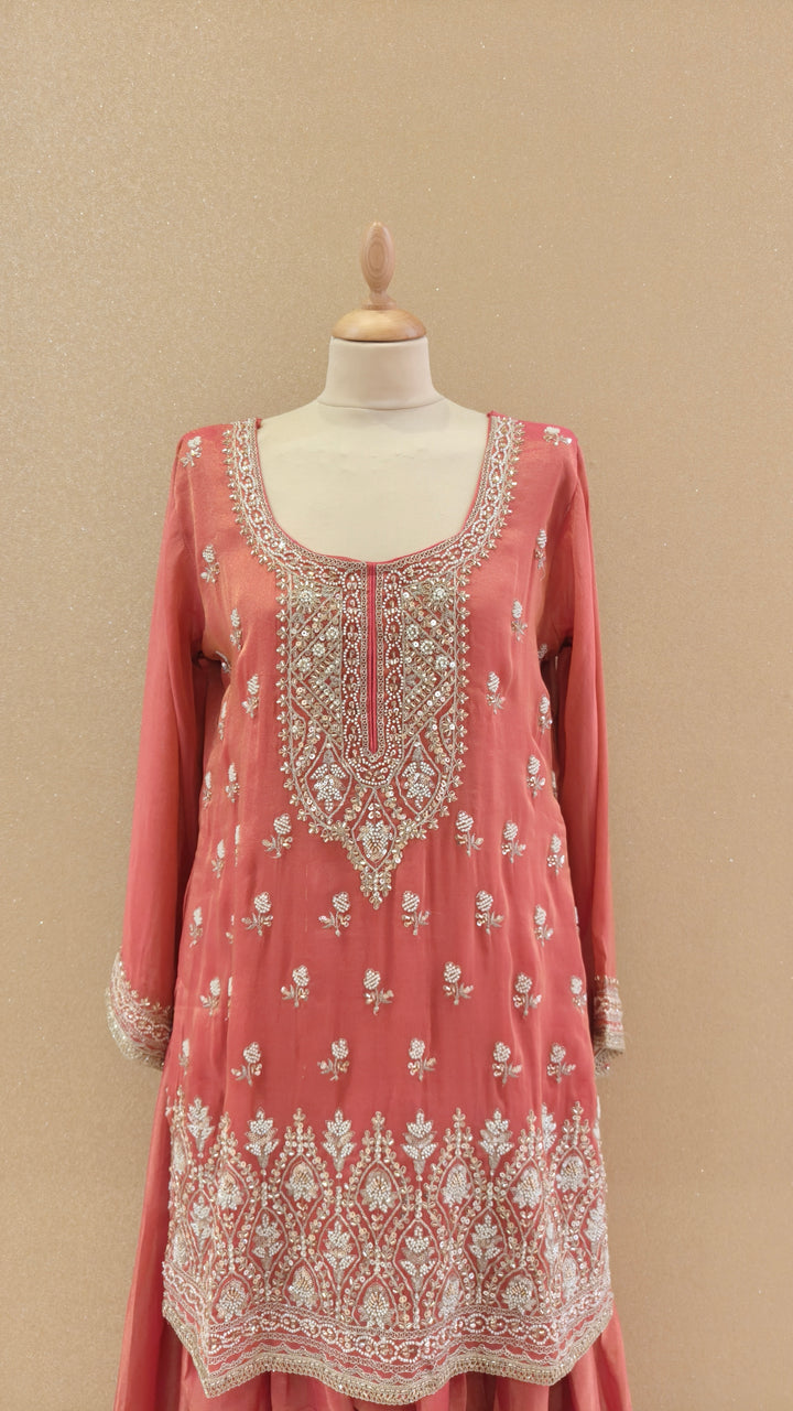 Peach Pink Embroidered Gharara Set|Maya Chabra