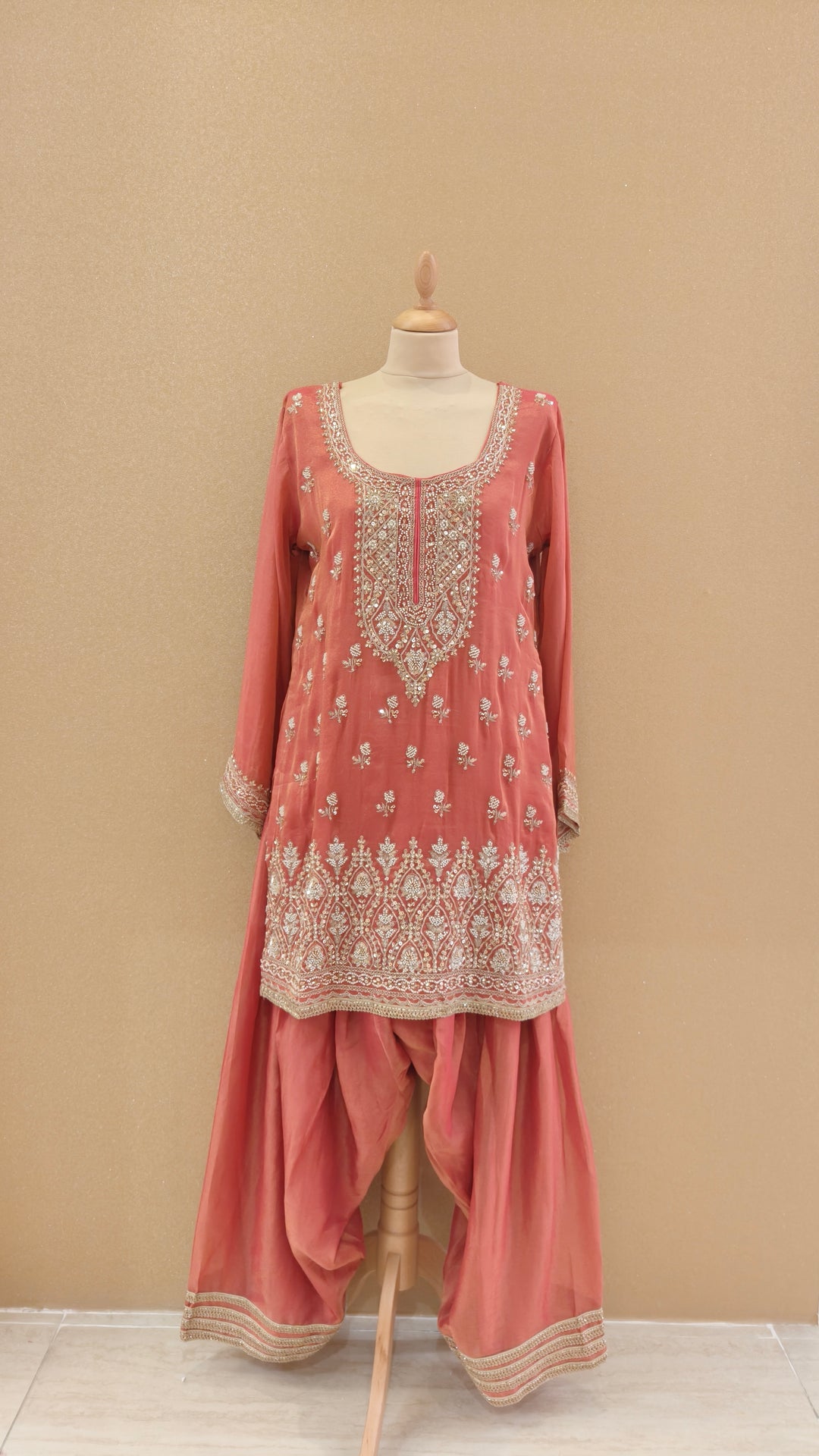 Peach Pink Embroidered Gharara Set|Maya Chabra