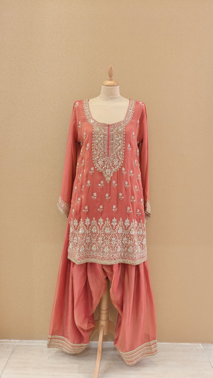Peach Pink Embroidered Gharara Set|Maya Chabra