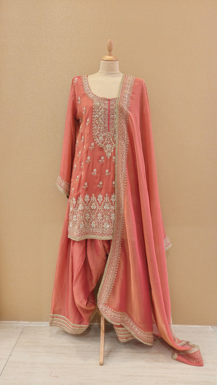 Peach Pink Embroidered Gharara Set|Maya Chabra
