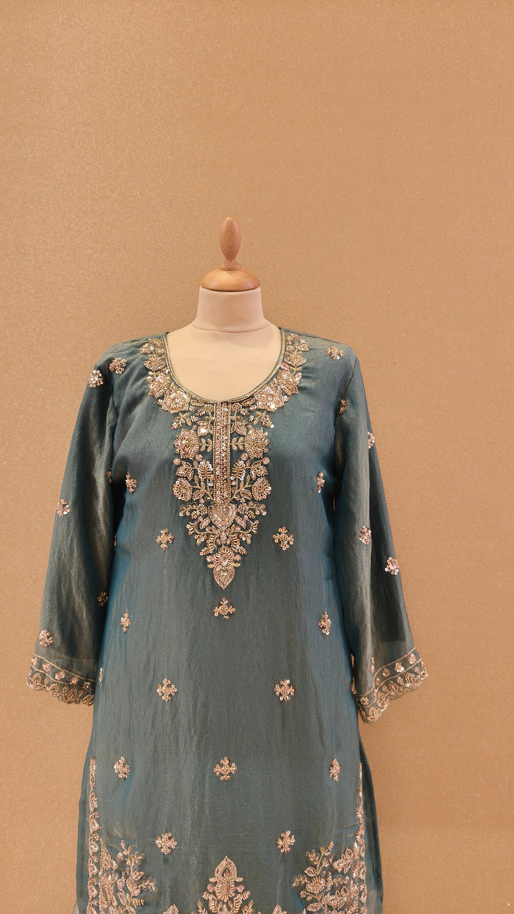 Dusty Teal  Embroidered Gharara Set|Maya Chabra