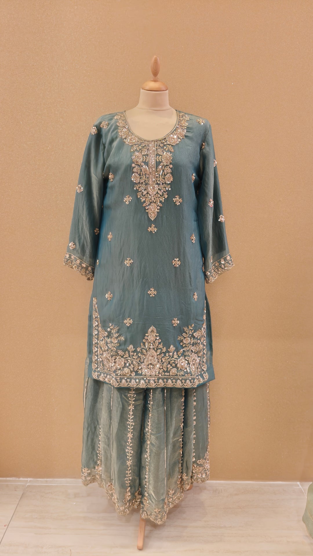 Dusty Teal  Embroidered Gharara Set|Maya Chabra