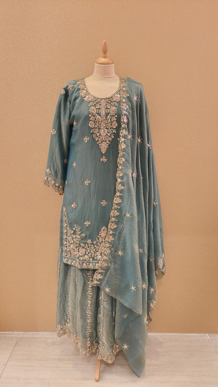 Dusty Teal  Embroidered Gharara Set|Maya Chabra