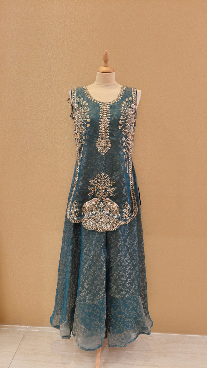 Royal Teal Embellished Peplum and Sharara Set|Maya Chabra