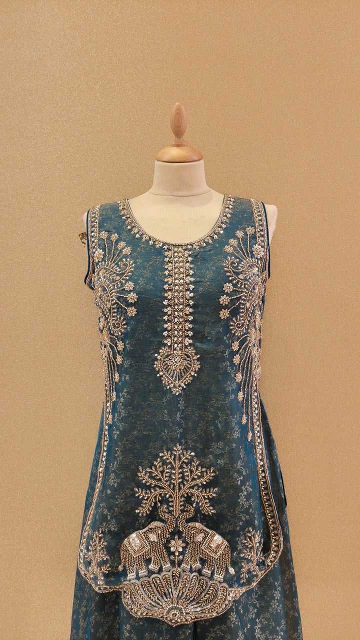 Royal Teal Embellished Peplum and Sharara Set|Maya Chabra