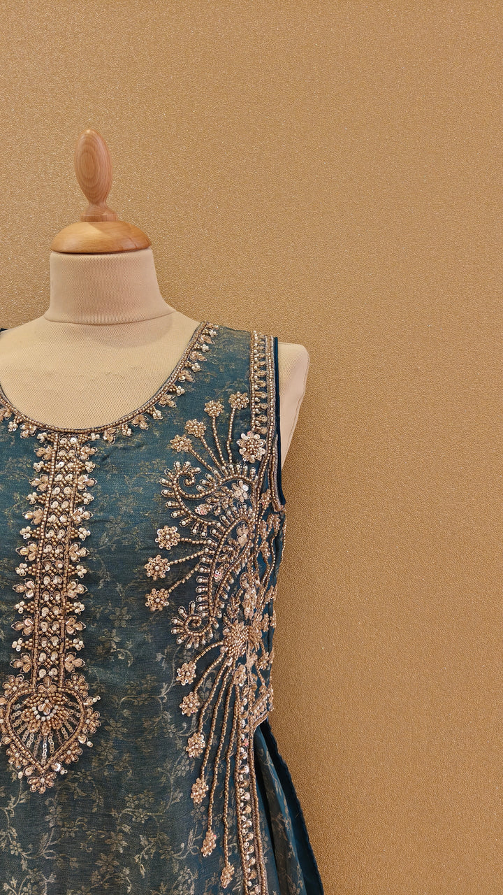 Royal Teal Embellished Peplum and Sharara Set|Maya Chabra