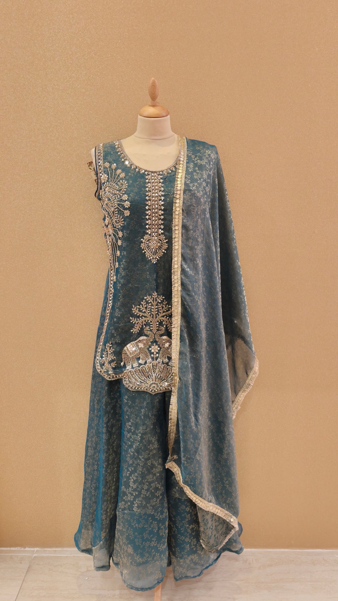 Royal Teal Embellished Peplum and Sharara Set|Maya Chabra