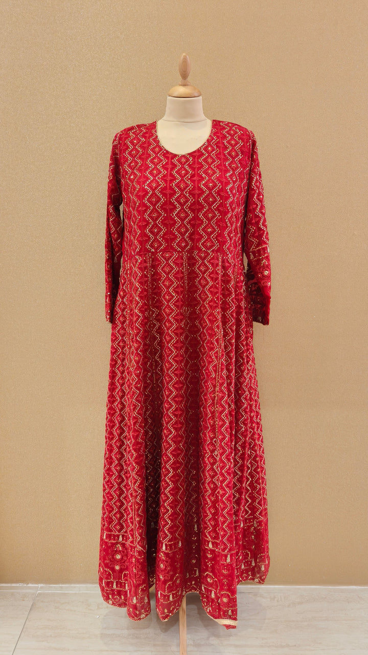 Radiant Crimson Tradition: Embroidered Anarkali Suit Set|Maya Chabra