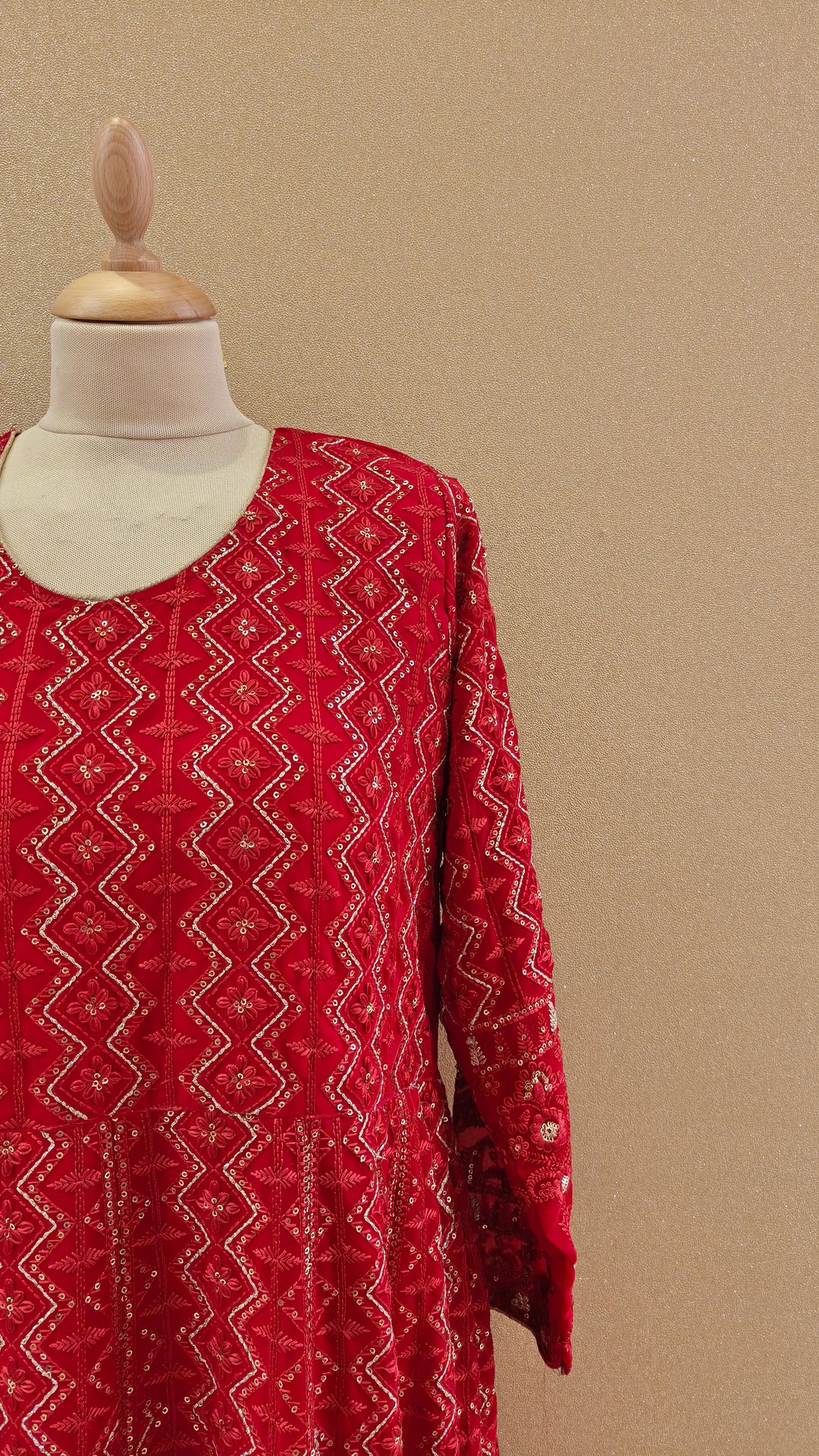 Radiant Crimson Tradition: Embroidered Anarkali Suit Set|Maya Chabra