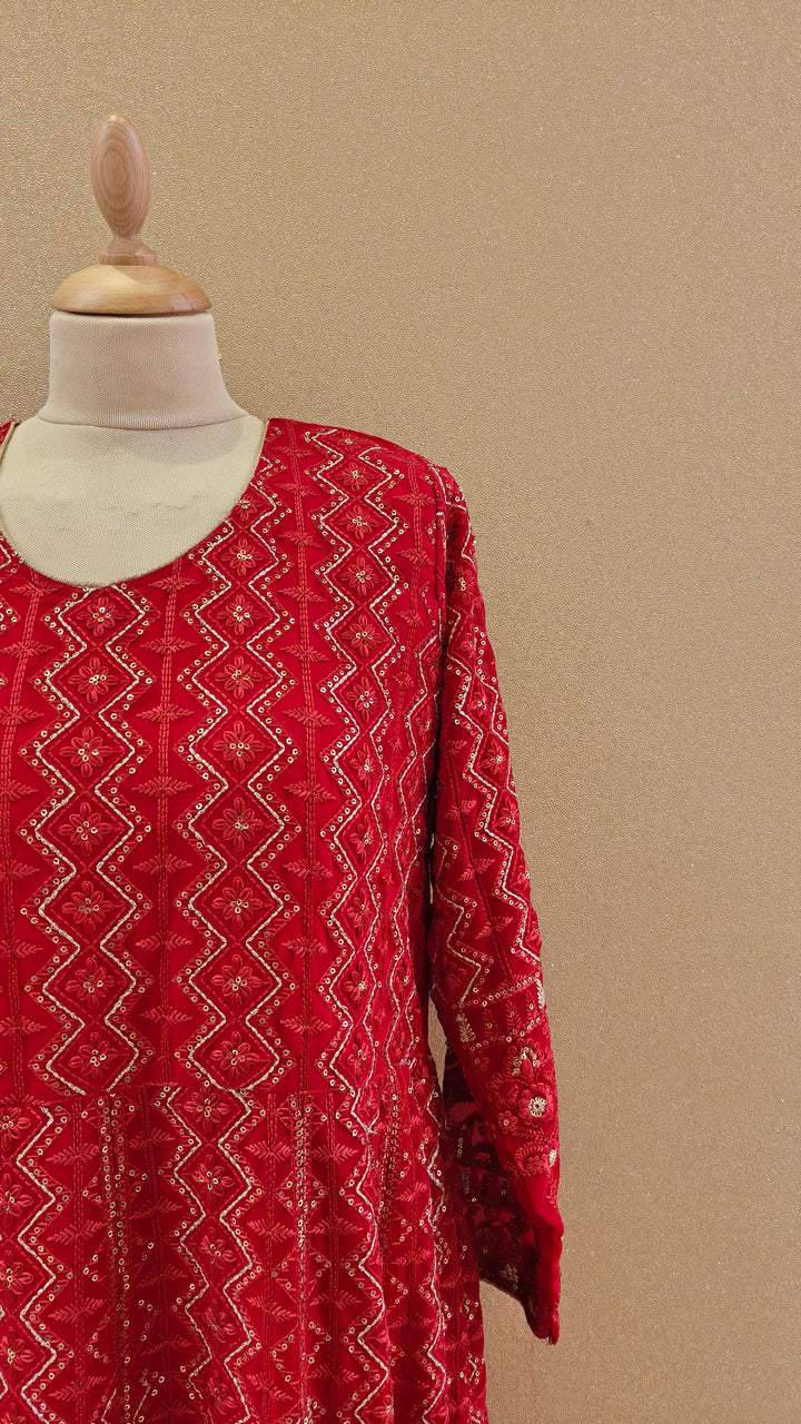 Radiant Crimson Tradition: Embroidered Anarkali Suit Set|Maya Chabra