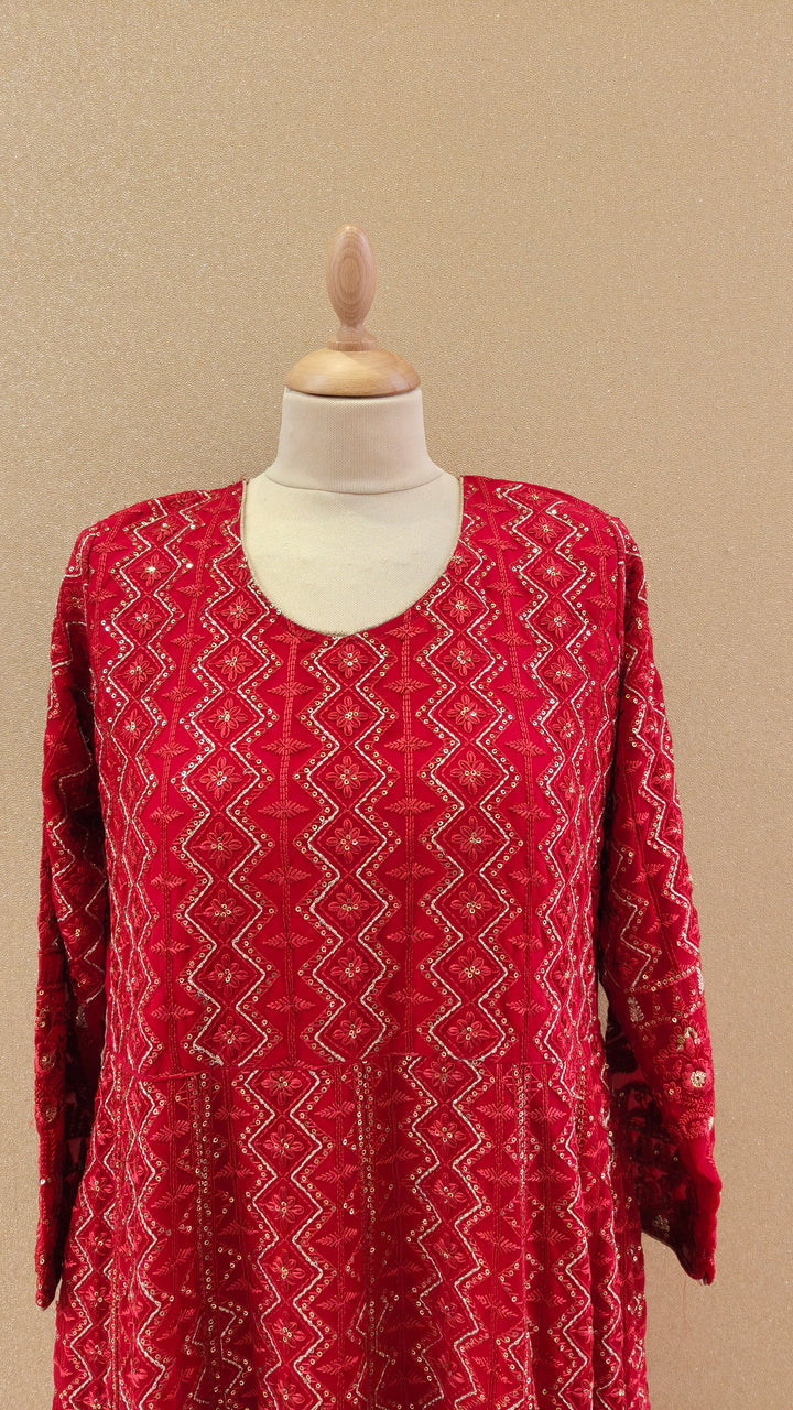 Radiant Crimson Tradition: Embroidered Anarkali Suit Set|Maya Chabra