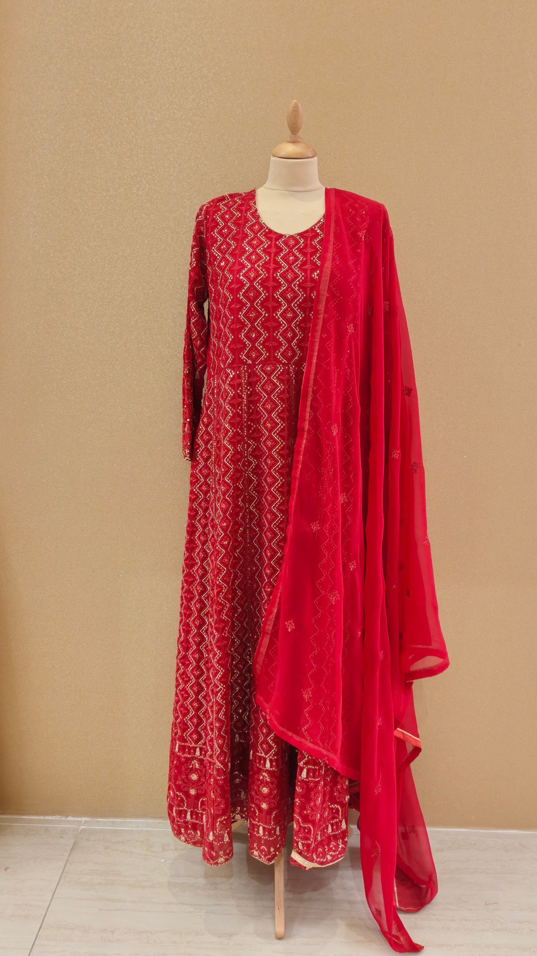 Radiant Crimson Tradition: Embroidered Anarkali Suit Set|Maya Chabra