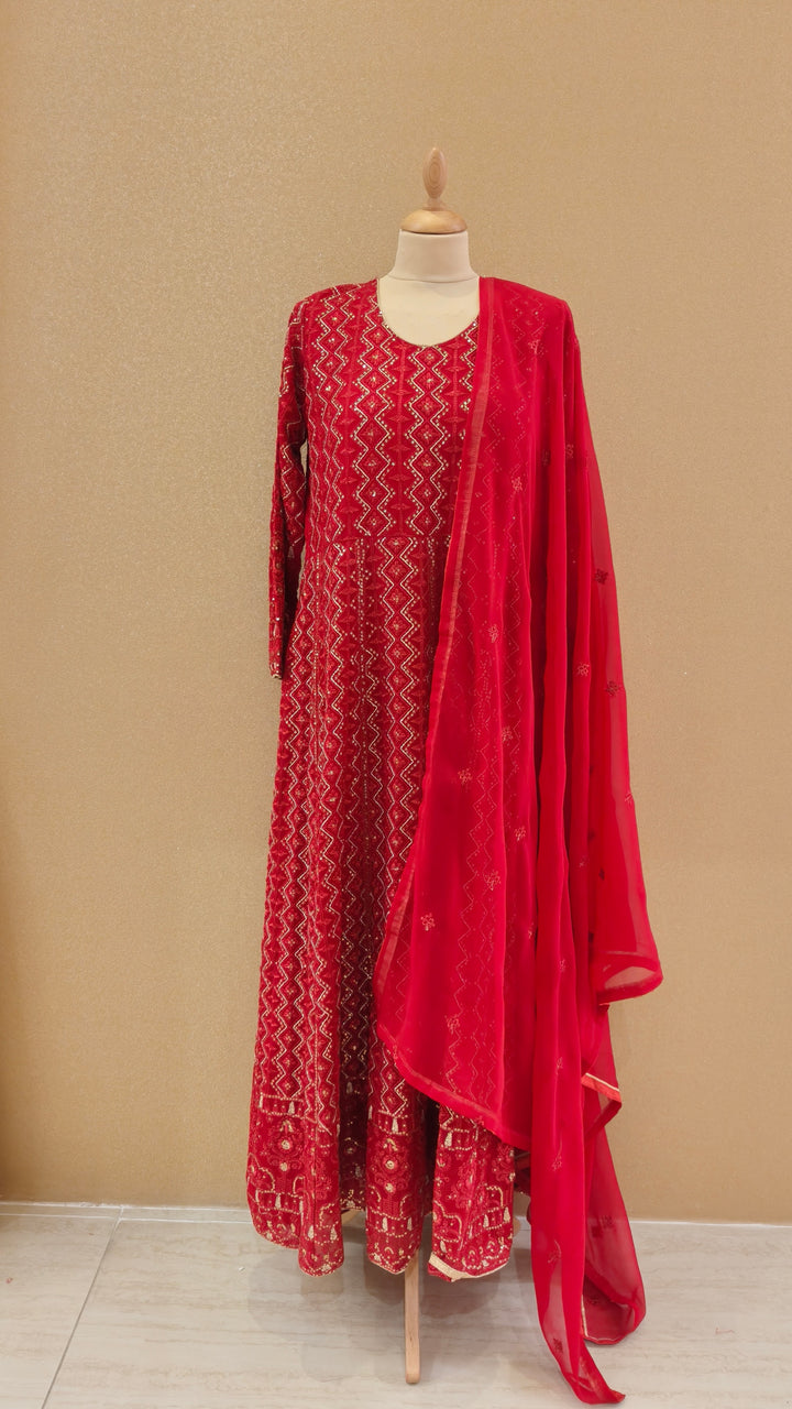 Radiant Crimson Tradition: Embroidered Anarkali Suit Set|Maya Chabra