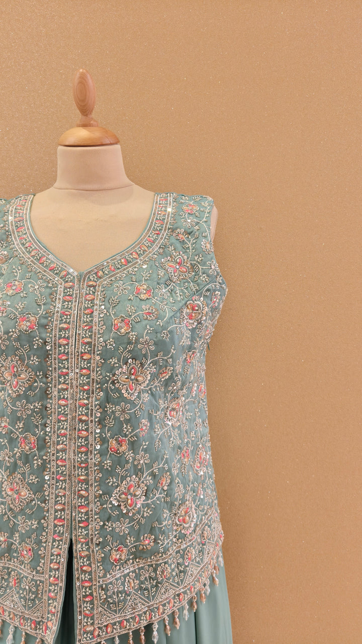Mint Green Embroidered Jacket and Pant Set with Dupatta|Maya Chabra