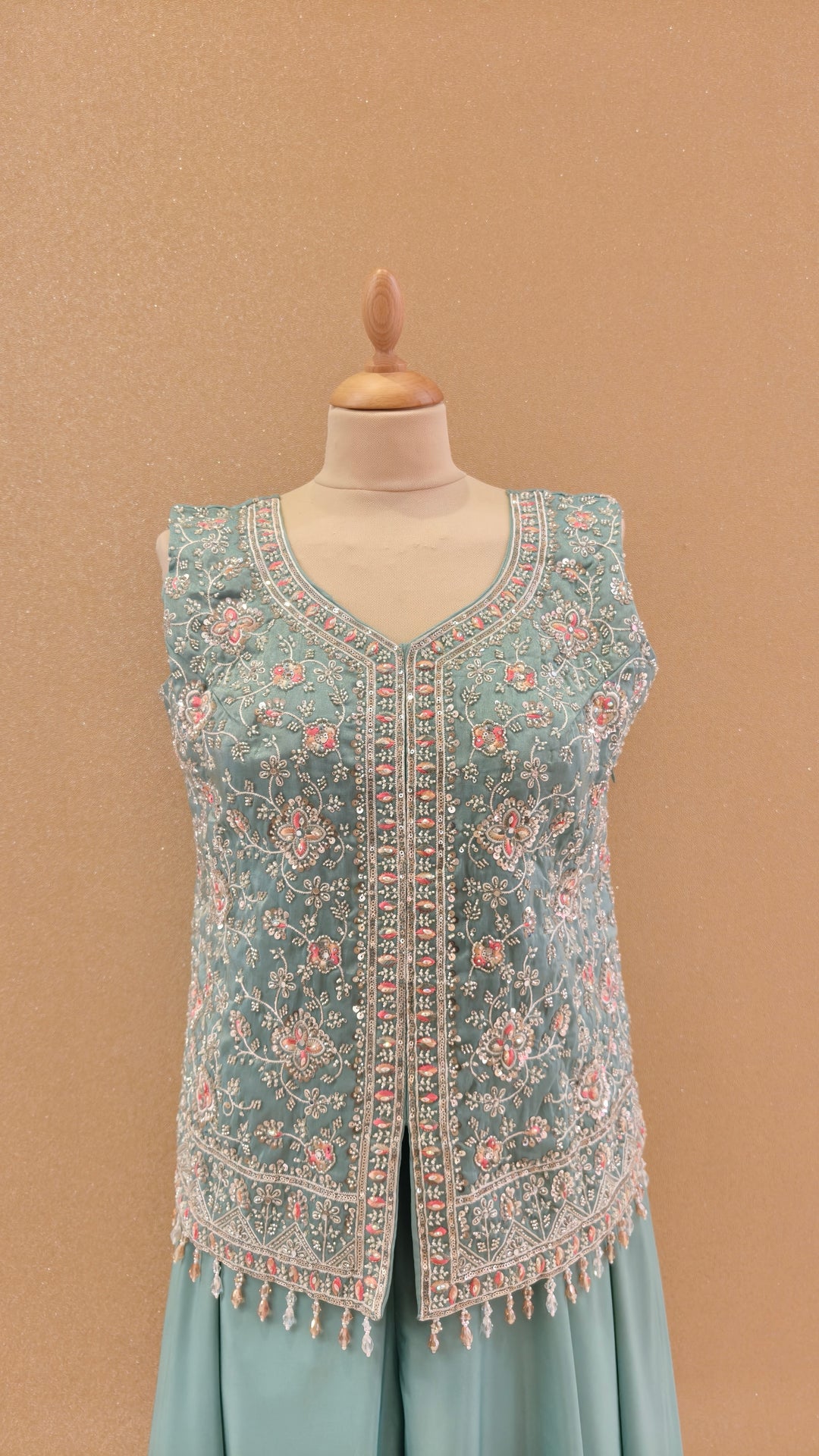 Mint Green Embroidered Jacket and Pant Set with Dupatta|Maya Chabra