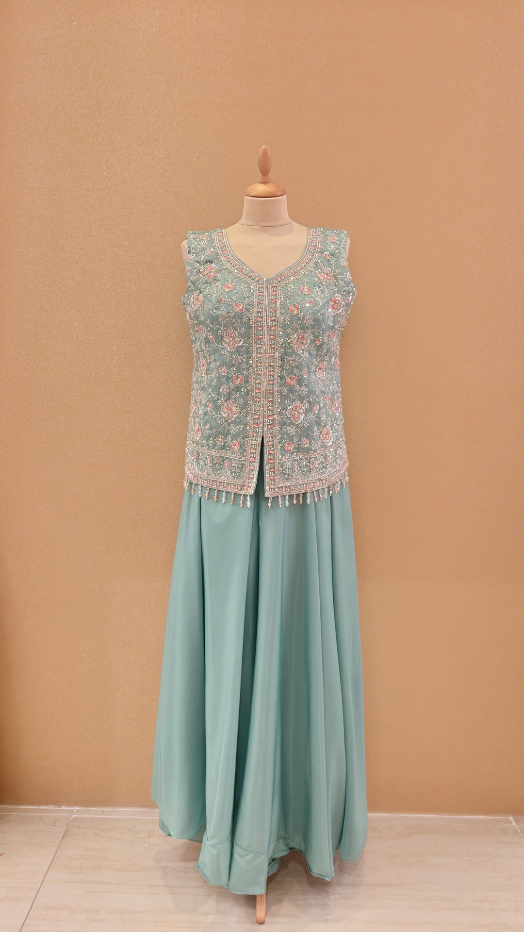 Mint Green Embroidered Jacket and Pant Set with Dupatta|Maya Chabra