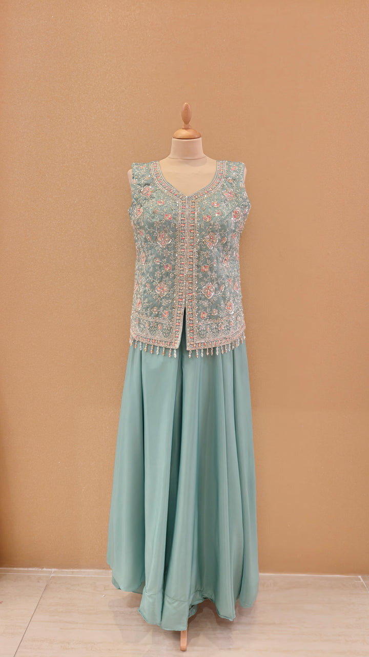 Mint Green Embroidered Jacket and Pant Set with Dupatta|Maya Chabra